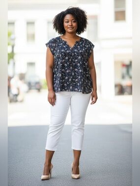 REITMANS, XXL Plus Size, Floral Blouse Bi-Material Stretch Navy Pink Boho Top
